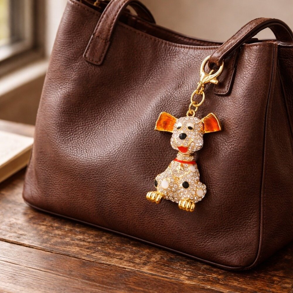 Luxury Rhinestone Dog Keychain & Bag Charm Gold Crystal Puppy 🐶 - Picture 8 of 8